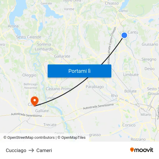 Cucciago to Cameri map