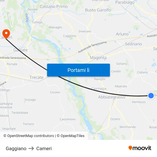 Gaggiano to Cameri map