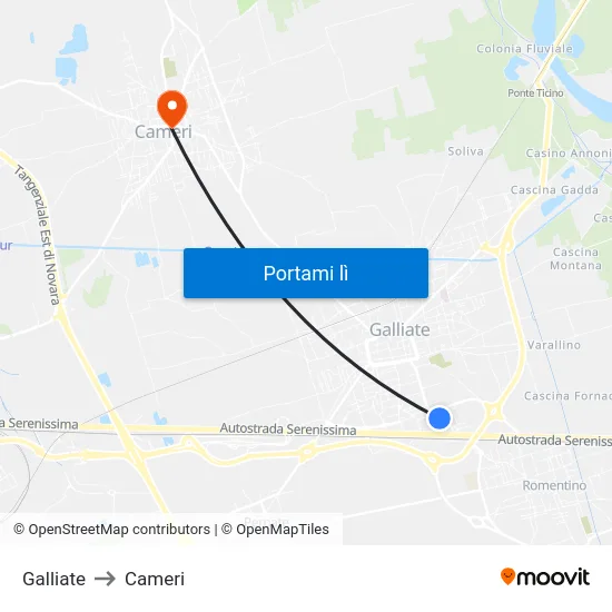 Galliate to Cameri map