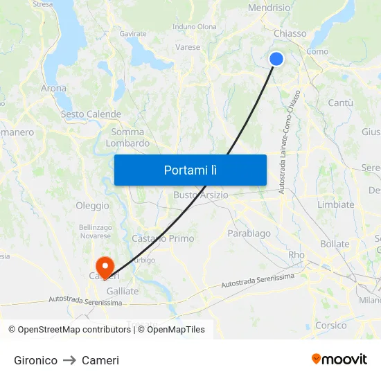 Gironico to Cameri map
