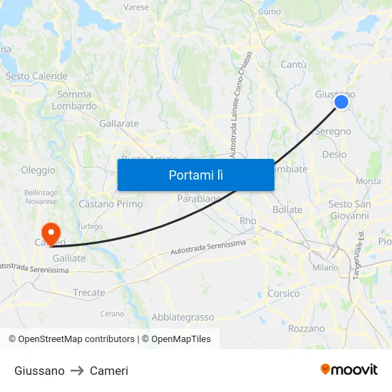 Giussano to Cameri map