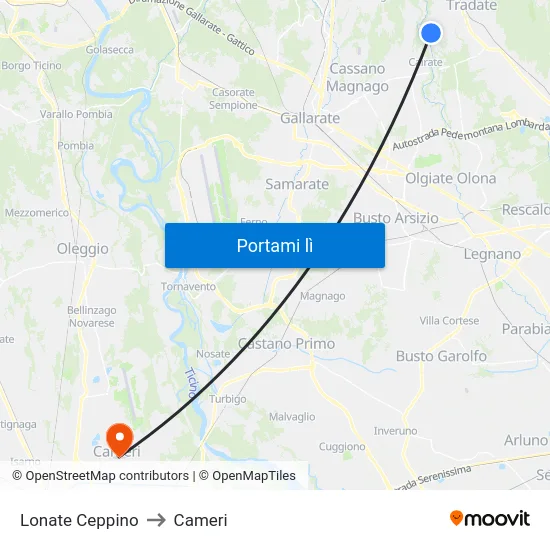 Lonate Ceppino to Cameri map