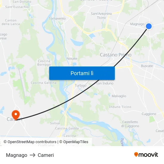 Magnago to Cameri map