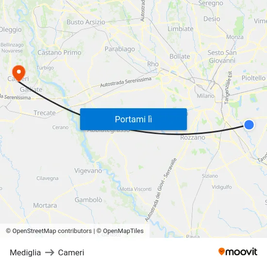 Mediglia to Cameri map