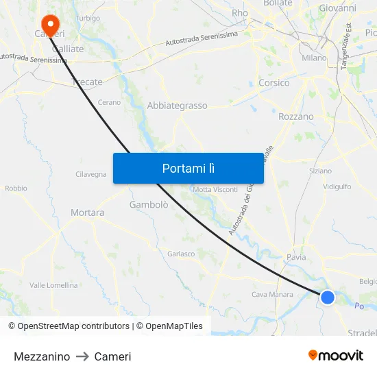 Mezzanino to Cameri map