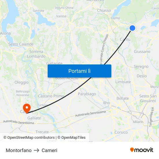 Montorfano to Cameri map