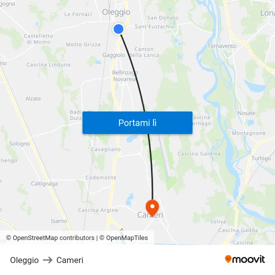 Oleggio to Cameri map
