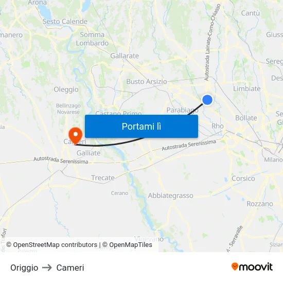 Origgio to Cameri map