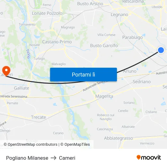 Pogliano Milanese to Cameri map