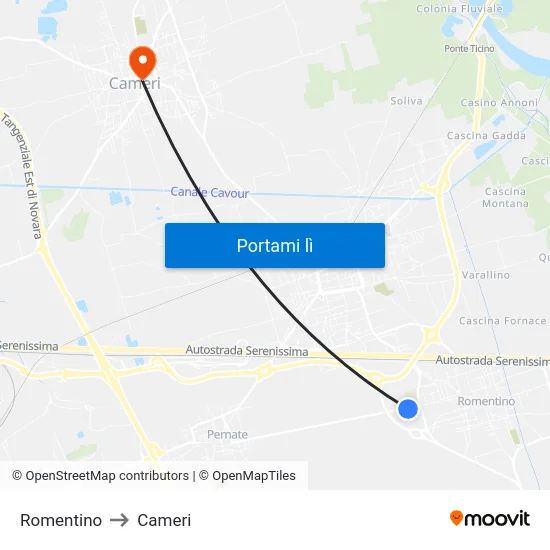 Romentino to Cameri map