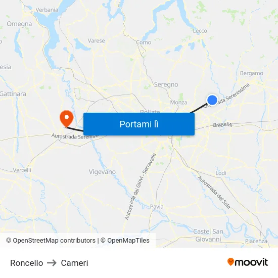 Roncello to Cameri map