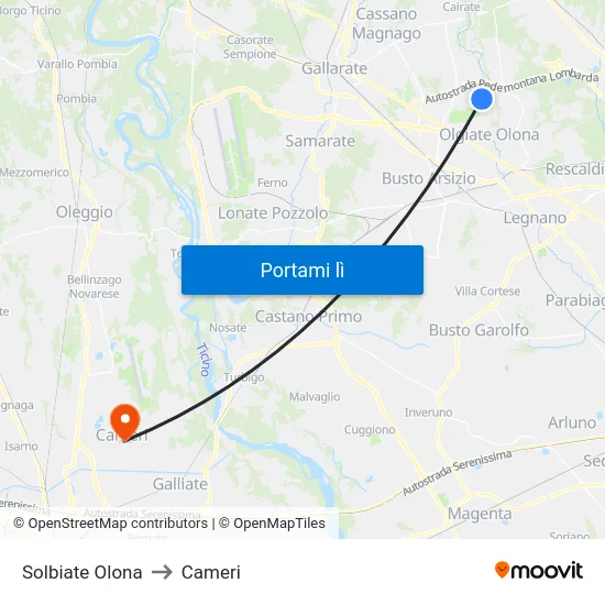 Solbiate Olona to Cameri map