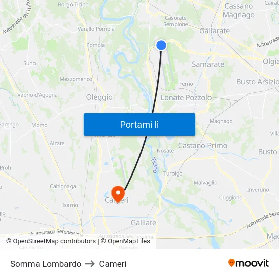 Somma Lombardo to Cameri map