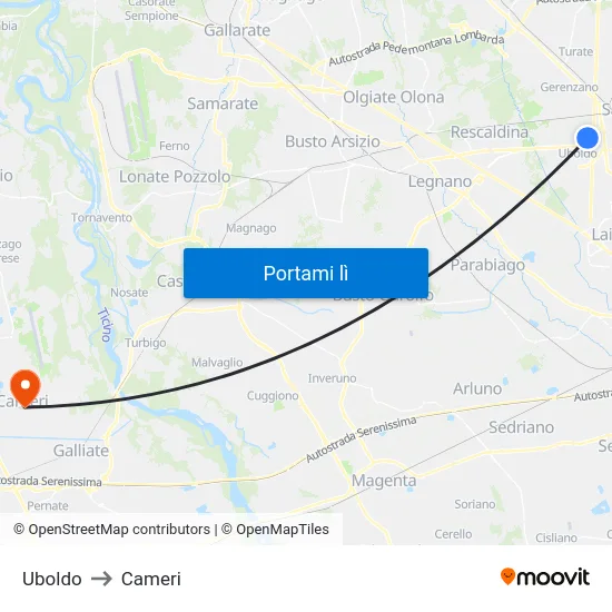 Uboldo to Cameri map