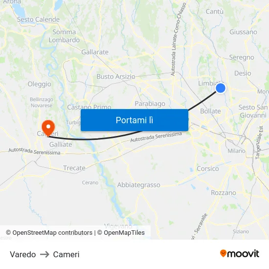 Varedo to Cameri map