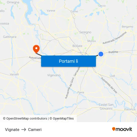 Vignate to Cameri map