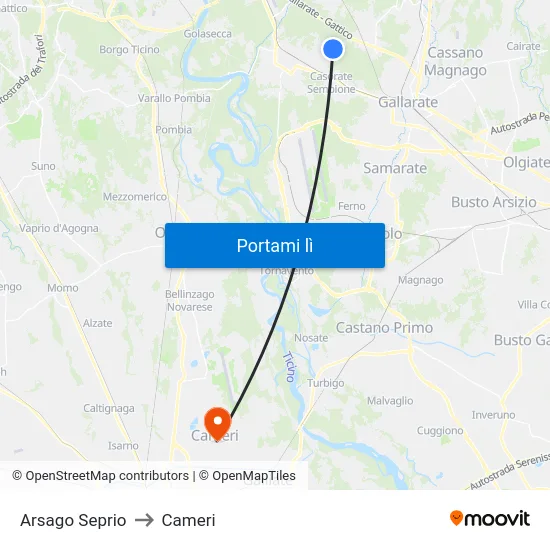 Arsago Seprio to Cameri map