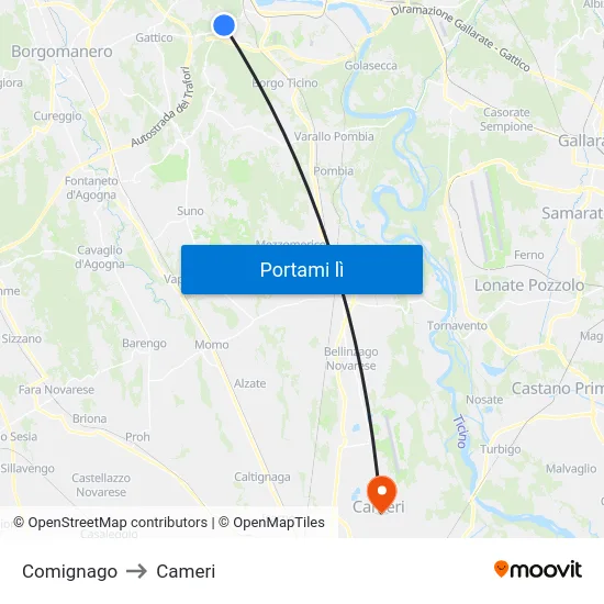 Comignago to Cameri map