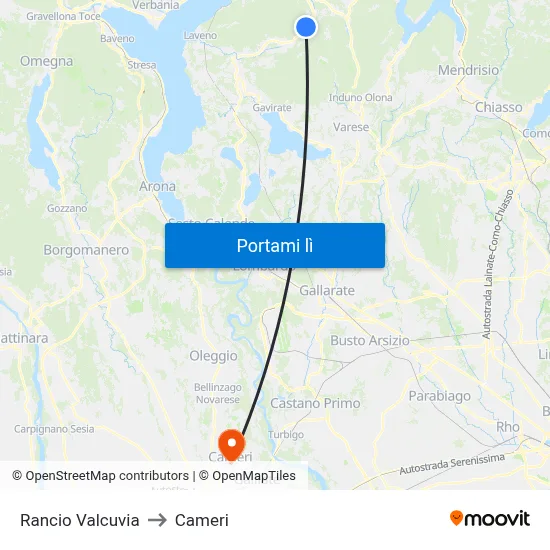 Rancio Valcuvia to Cameri map