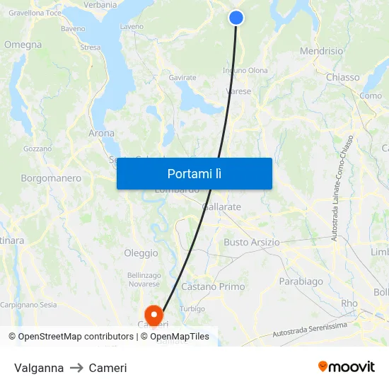 Valganna to Cameri map