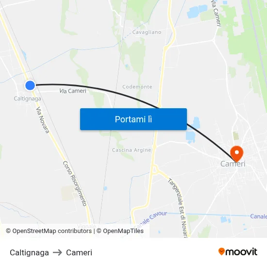 Caltignaga to Cameri map