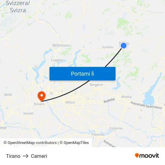 Tirano to Cameri map