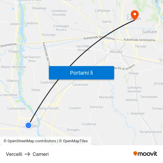 Vercelli to Cameri map