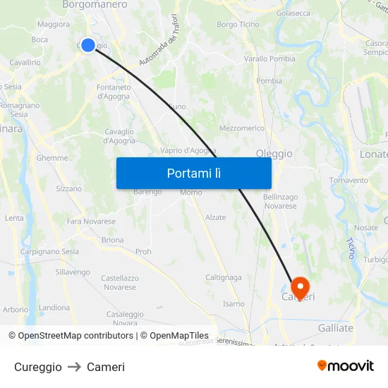 Cureggio to Cameri map