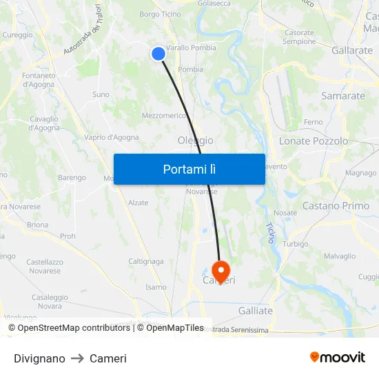Divignano to Cameri map