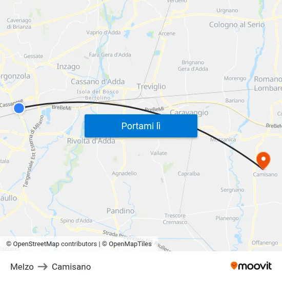 Melzo to Camisano map