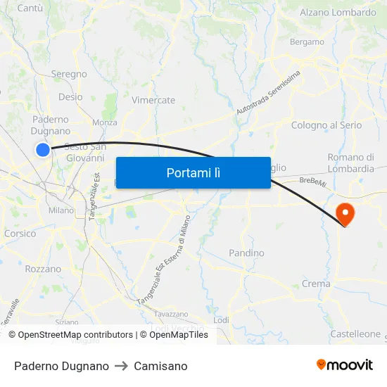 Paderno Dugnano to Camisano map