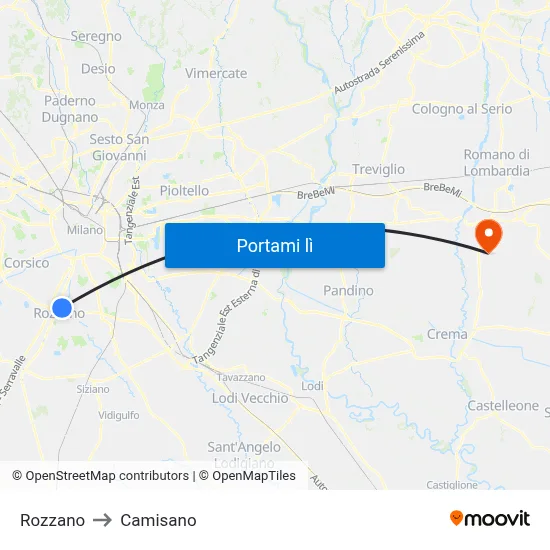 Rozzano to Camisano map