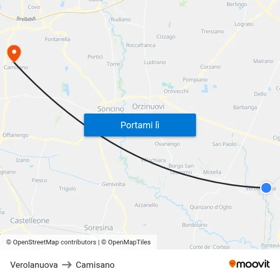 Verolanuova to Camisano map