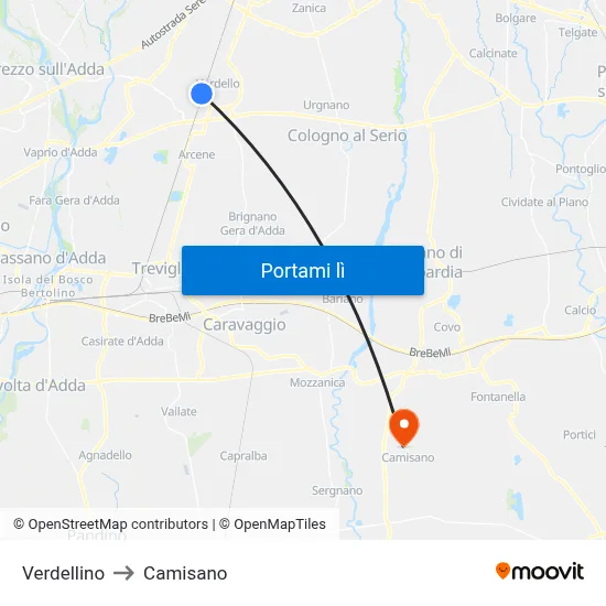 Verdellino to Camisano map