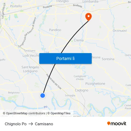 Chignolo Po to Camisano map