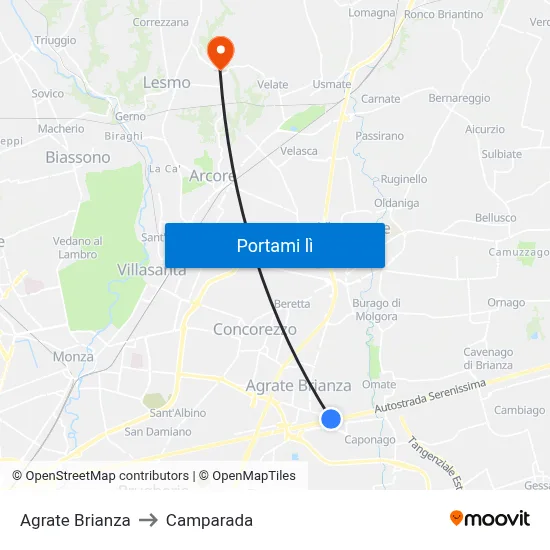 Agrate Brianza to Camparada map