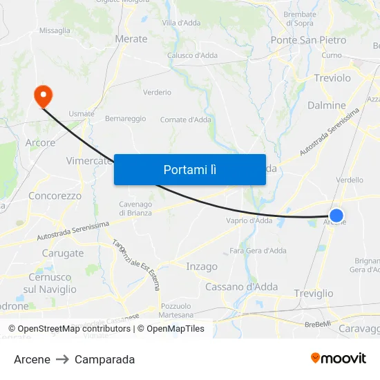 Arcene to Camparada map