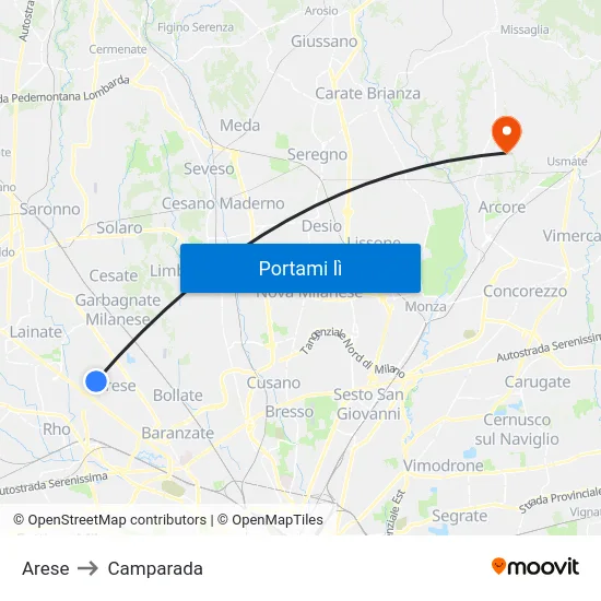 Arese to Camparada map
