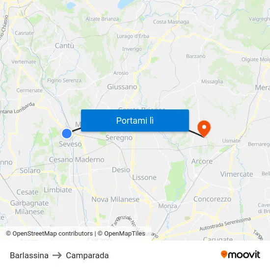 Barlassina to Camparada map