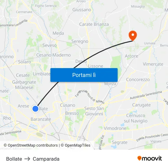 Bollate to Camparada map