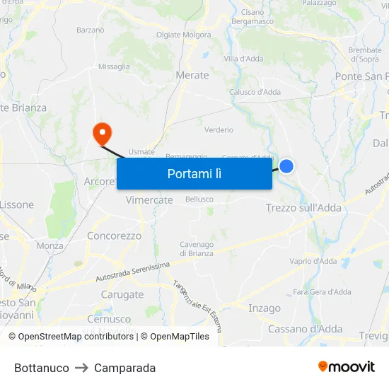 Bottanuco to Camparada map