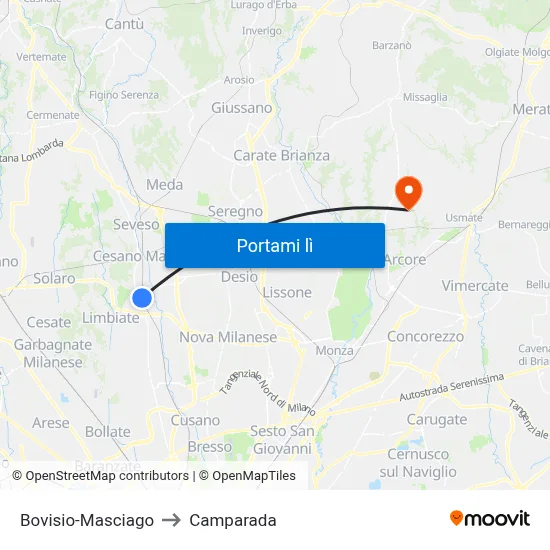 Bovisio-Masciago to Camparada map