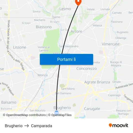 Brugherio to Camparada map