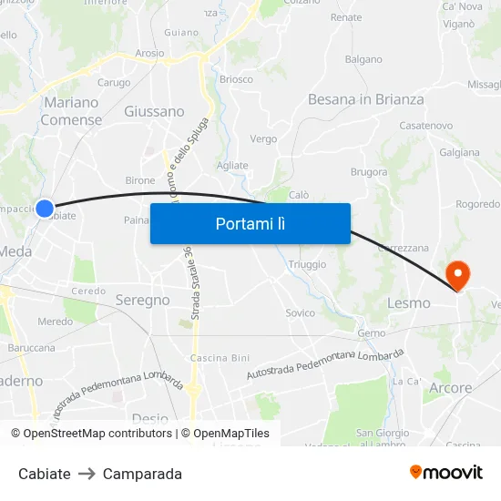 Cabiate to Camparada map
