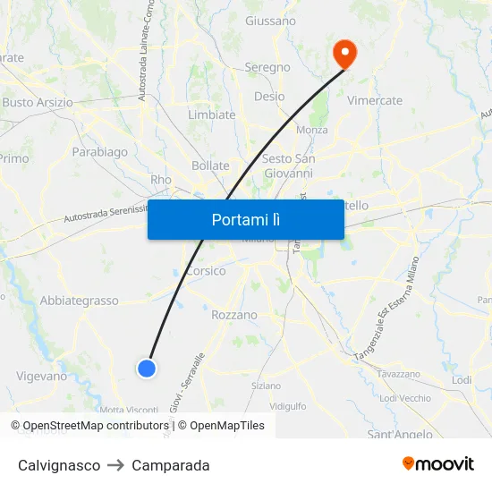 Calvignasco to Camparada map