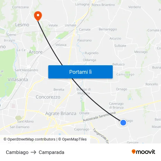 Cambiago to Camparada map