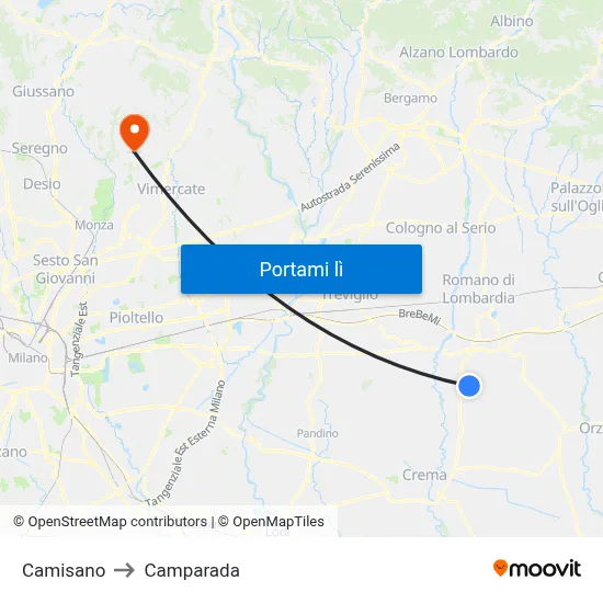 Camisano to Camparada map