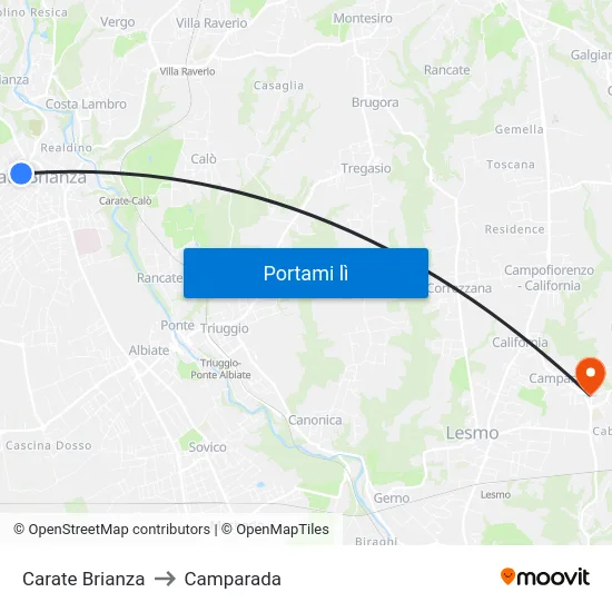 Carate Brianza to Camparada map
