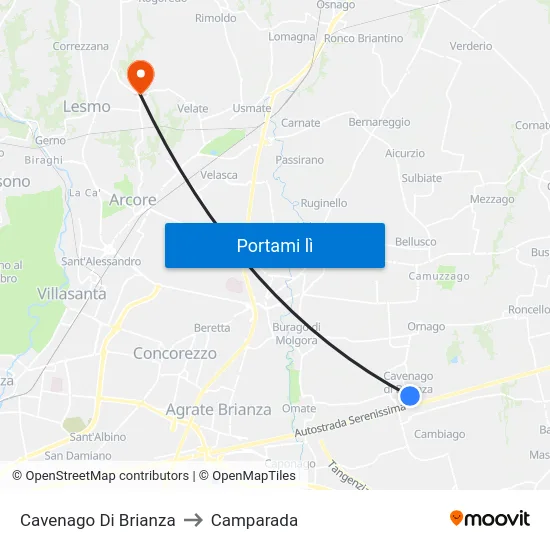 Cavenago Di Brianza to Camparada map
