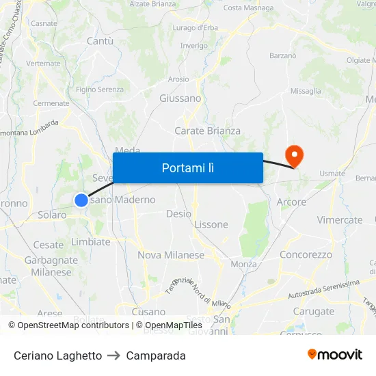 Ceriano Laghetto to Camparada map